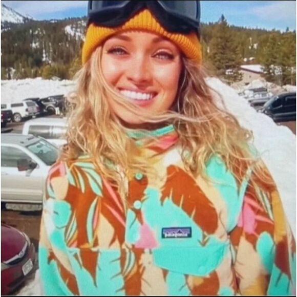 PATAGONIA XS BLUE TOURQUOISE TEAL PINK BROWN  FEATHER DANCE PRINTED  SYNCHILLA - Picture 1 of 15